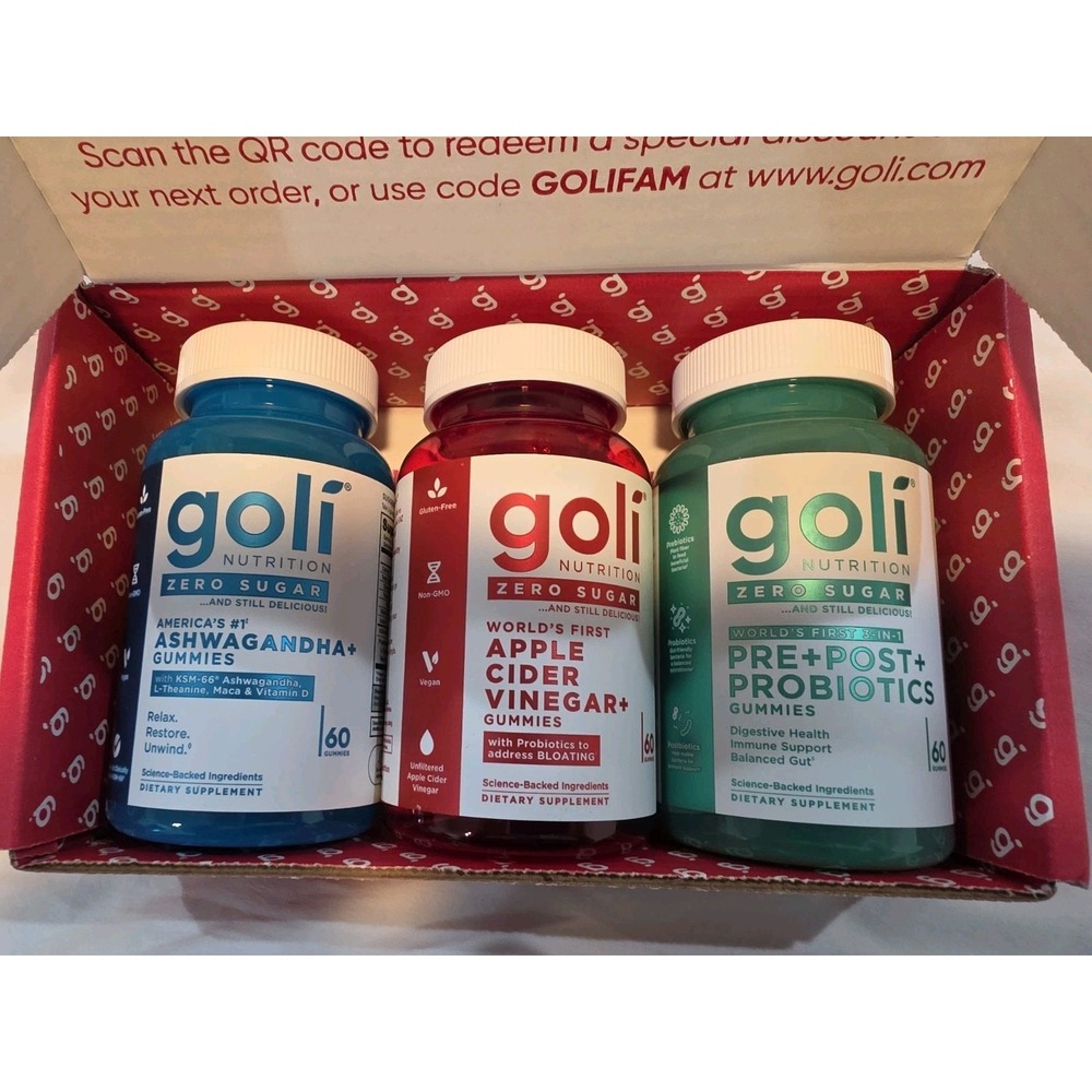 Goli Zero Sugar Trio Gummies – ACV Ashwagandha Probiotic 3 Bottle Set